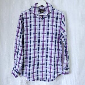 Neiman Marcus Dress Shirt 15 32-33 Purple Plaid Check Trim Fit 100% Cotton